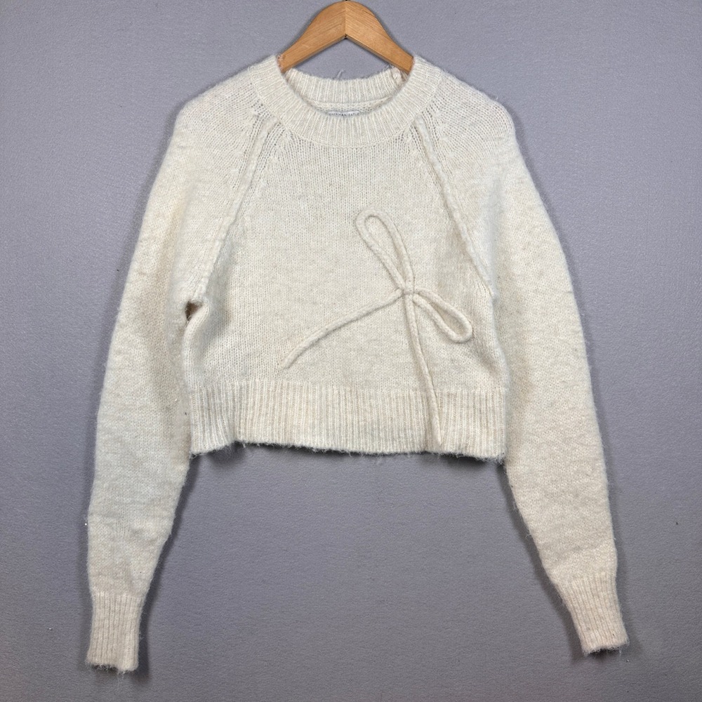 American Eagle Cream Cozy Cropped Bow Detail Knit Sweater XS Cottagecore